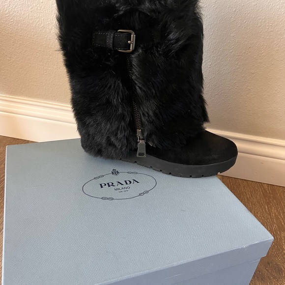 Prada Black Faux Fur Wedge Boots 39 - Picture 1 of 7